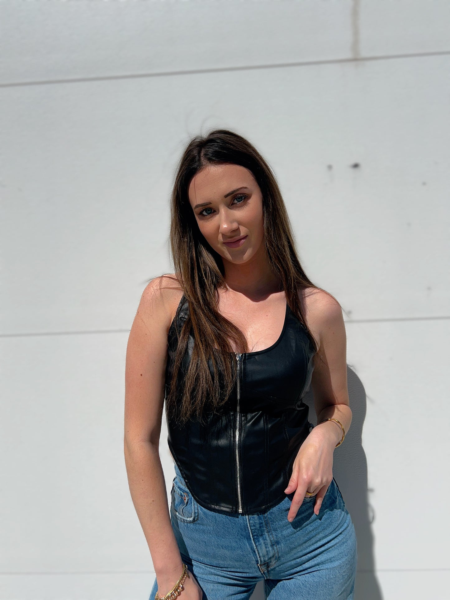 Black Betty Leather Zip Up Top