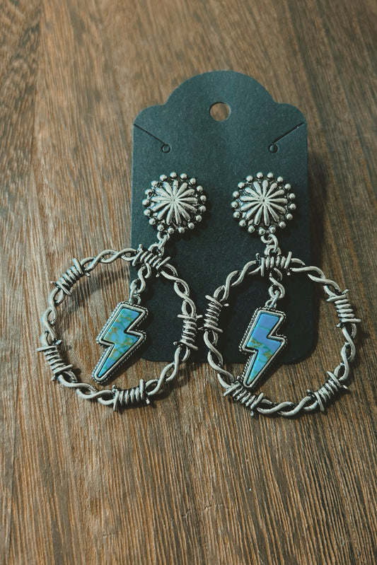 Barb Wire Turquoise Lightning Bolt Dangle Earrings