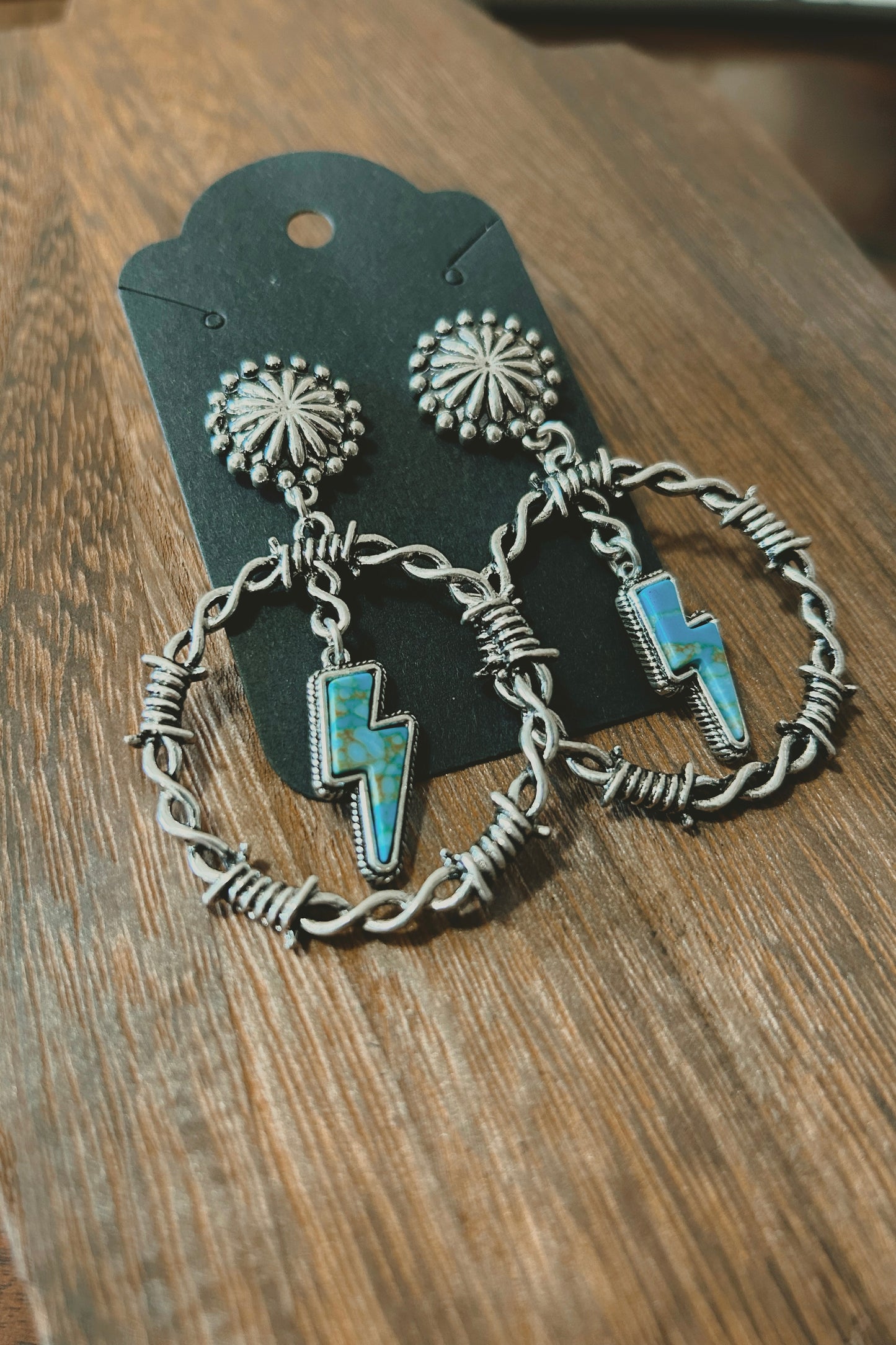 Barb Wire Turquoise Lightning Bolt Dangle Earrings