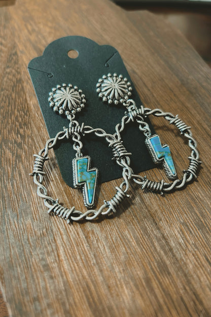 Barb Wire Turquoise Lightning Bolt Dangle Earrings