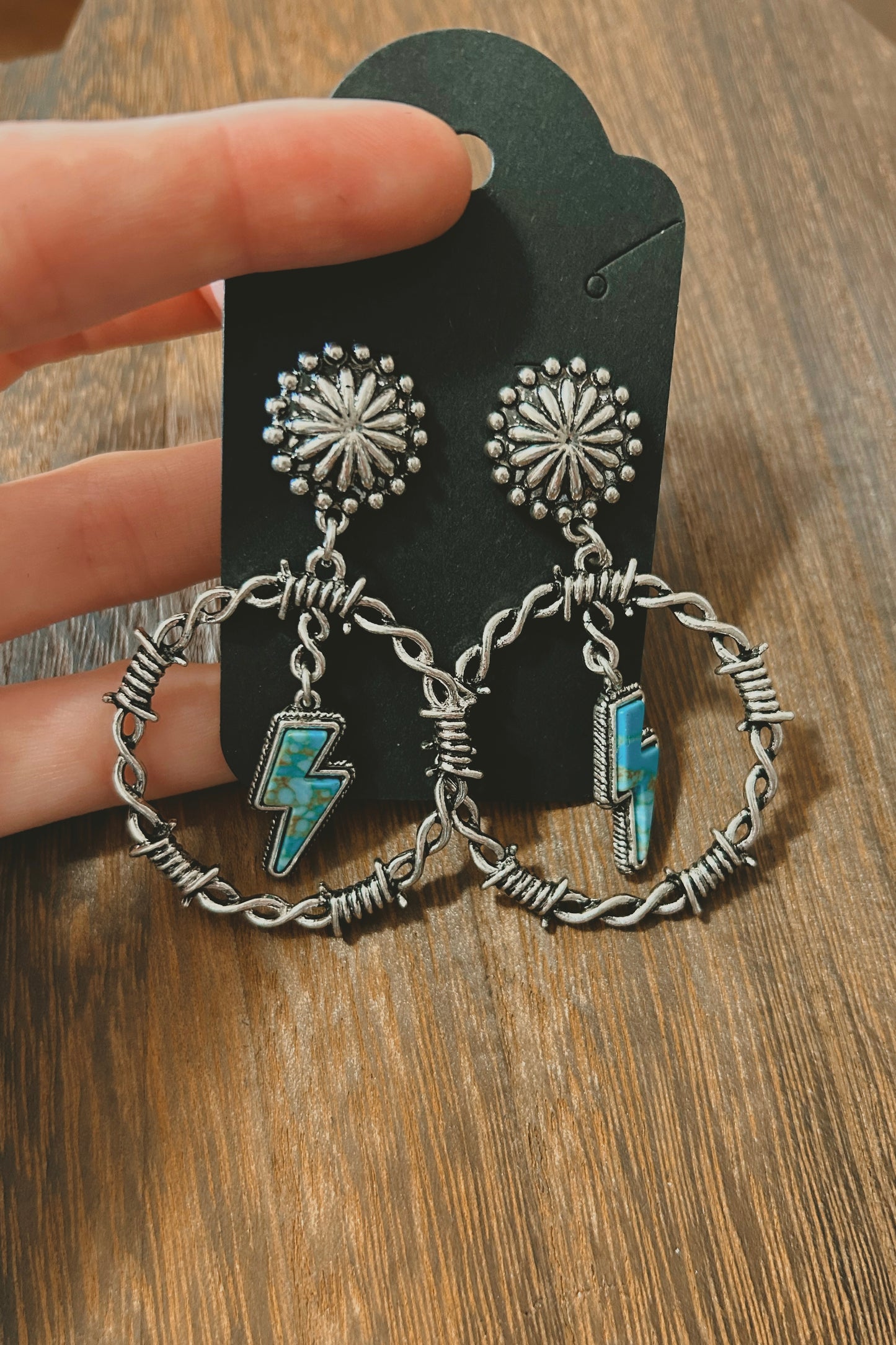 Barb Wire Turquoise Lightning Bolt Dangle Earrings